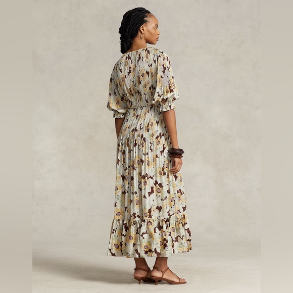 Polo Ralph Lauren Floral Pleated Satin V-Neck Dress Elbow Length Sleeve NWOT - Picture 4 of 13